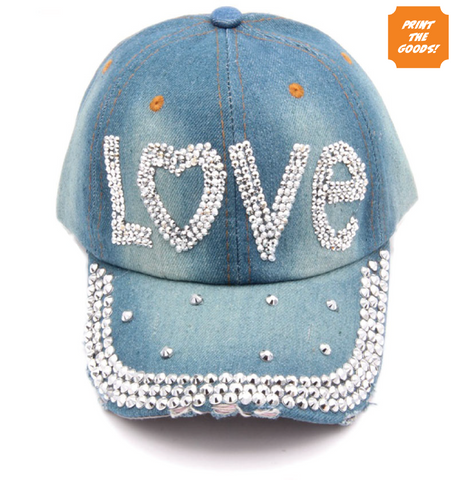 Diamante denim "Love" hat - Print the Goods