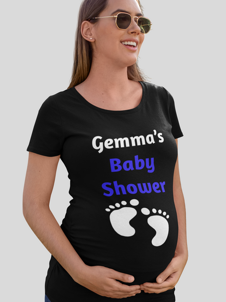 Black baby shower T-shirt with personalised name print. Designed for baby showers, adding a unique touch