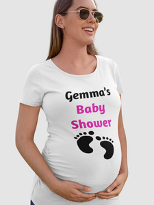 White baby shower T-shirt with personalised name print. Designed for baby showers, adding a unique touch