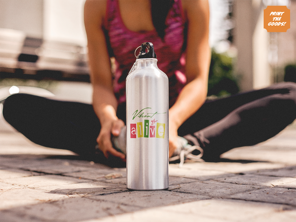 Vibrant and alive -silver aluminium travel water bottle